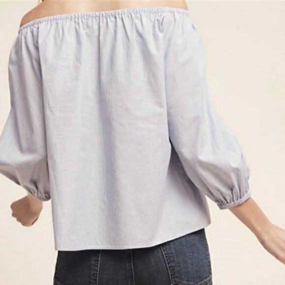 Maeve by Anthro Blue White Striped Elasticized Neck Cotton Poplin Crop Top XS - Picture 2 of 14